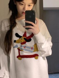 สไตล์อเมริกัน เสื้อยืดแขนยาว Pure ผ้าฝ้าย แพทช์ปักสเก็ตบอร์ดสุนัข หลวม ดีไซน์ เฮฟวี่เวท ผ้าฝ้าย เสื้อท่อนบน สําหรับผู้หญิง