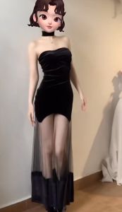 เดรสยาวสีดำ เกาะอก ผ้ากำมะหยี่ หลังยางยืด มีสายคล้องคอจากด้านหลัง กระโปรงทรงเอแต่งผ้าตาข่าย ซีทรู เซ็กซี่ Dress ชุดไปทะเล #5544