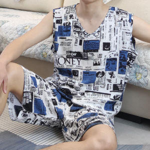 ชุดนอนผ้าฝ้ายสีพิมพ์ลายฤดูร้อนสำหรับผู้ชายและผู้หญิง แขนกุด คอกลม ไซส์ใหญ่ ใส่ไปข้างนอกได้ ชุดกระโปรงสั้นผ้าไหมฝ้าย