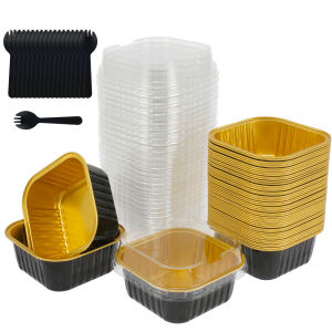 150Pcs Aluminum Foil Cupcake Cups with Lids and Spoons 150ml Non-Stick Foil Baking Cups Square Ramekin Containers for Home Party