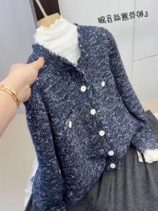 Áo Len Cardigan Dệt Kim Màu Xanh Lam Mới Thu 2025 Cho Nữ Dáng Ôm Đa Năng Thời Trang Áo Khoác Ngoài Bằng Vải Len
