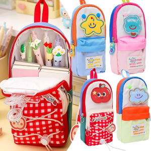 Kawaii Mini Backpack Pencil Case / Large Capacity 3-Layer Stationery Pouch / Vintage Style Storage Bag / Multifunctional Organizer with Lanyard for School Office Travel
