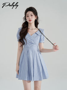 Blue Striped V-Neck Short Sleeve Dress Womens Summer New Design Sensation Waist Cinched Short Skirt A-Line Sweet Style