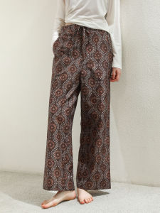 XEXZ | Vintage Floral Print Cotton Wide Leg Pants Womens Comfortable Straight Cut Elastic Waist Home Wear Sleepwear Autumn Fashion