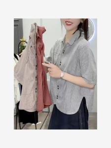 Summer 2025 New Vintage Striped Design Loose Casual Slimming Collared Short Sleeve Womens Shirt Commute Style Regular Fit
