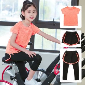 Girls Quick Dry Fitness Yoga Sportswear: Summer Running Training Gymnastics Tennis Clothes Set Short Sleeve Pants for Kids