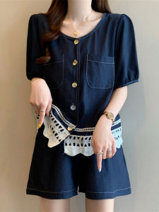 plus Size Summer Fashion Set with Thin Lyocell Denim Shorts Rouche Style Womens Clothing round Neck Short Sleeve Two Pieces