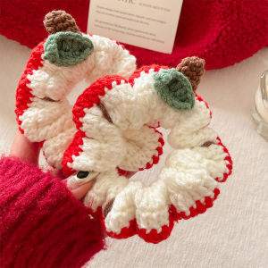 ยางรัดผมถักนิตติ้งผ้าขนสัตว์สีแดงสำหรับผู้หญิงในช่วงฤดูใบไม้ร่วงและฤดูหนาว เครื่องประดับผมสไตล์ไฮเอนด์ทำมือสำหรับปีใหม่