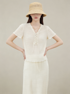 GULILI | V-Neck Tie White Texture Shortsleeve Skirt Set