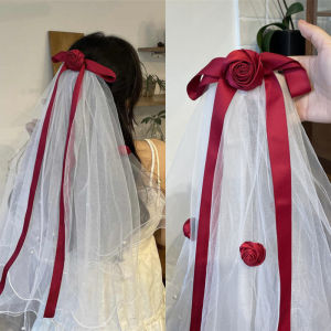 Red Rose Bridal Veil Elegant Long Tulle Bow Scarf Hair Accessories for Women Wedding Hairpiece