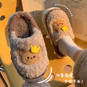 รองเท้าแตะบ้านผ้าฝ้ายแบบหนาสำหรับฤดูใบไม้ร่วงและฤดูหนาวสำหรับทั้งชายและหญิง รองเท้าแตะแบบสวมสบายในบ้านกันลื่น รองเท้าแตะขนแกะแบบสวมสบายสำหรับใส่ในบ้าน