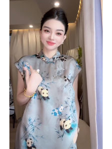 New Chinese Style Womens Satin Sleeveless Dress Panda Print Summer 2025 Fashion Unique Design Mid-length Stand Collar Midi Dress