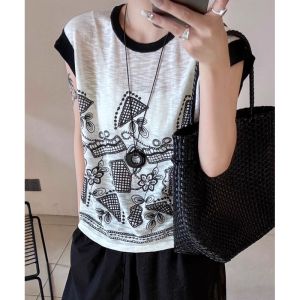 YUEZHONGWEI | เสื้อยืดแขนสั้นผ้าลินินไหมเย็บปักลายสไตล์จีนใหม่ เสื้อแขนกุดทรงสลิมฟิตสำหรับผู้หญิงในช่วงฤดูร้อน เสื้อผ้าทำงานสไตล์เกาหลี