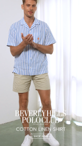 BEVERLY HILLS POLO CLUB เสื้อเชิ้ตสั้นผู้ชาย ผ้าคอตตอนลินิน รุ่น BH24015