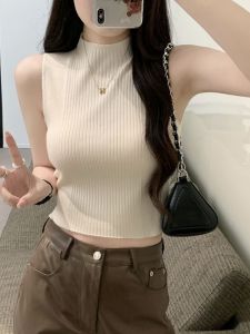 Womens Knitted Short Sleeve Vest Half High Collar Slim Fit Summer New Style Outerwear Short Pit Stripe Sleeveless Top