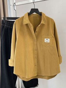 Korean Style Long Sleeve Womens Shirt with Pocket Smiley Casual Corduroy Top Versatile Outerwear Inner Match for Autumn