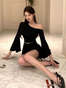 Elegant Sister High Waist Slimming Unique Shoulder Bared Beautiful Dress Womens Spring Autumn New Style Long Sleeve Short Dress