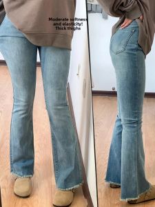 plus Size Womens Bell Bottom Jeans Elastic Slimming High Waist Long Pants with Fringe Micro Flared Trousers for Pear Shaped Body