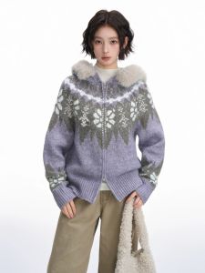 BAIDAIFEI | Áo Len Cardigan Nữ Mùa Đông Dày Có Mũ Cổ Lông Họa Tiết Fair Isle Màu Tím