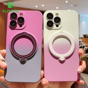 FLOVEME Metal Folding Stand Holder Matte Phone Case For iPhone 15 14 13 12 11 Pro Max 15 14 Plus With Glass Lens Film Protector Plating Gradient Silicone Frosted Shockproof Back Cover For iphone 15 14 13 12 11