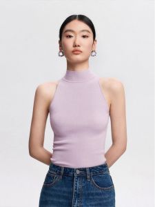 Áo Ba Lỗ Cổ Cao Bằng Lụa Băng Mỏng Mùa Hè Cho Nữ Áo Ba Lỗ Không Tay Dệt Kim Cổ Treo Thường Ngày Màu Trơn