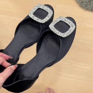 Lamb Skin round Toe Commuter Shoes Womens French Style Rhinestone Buckle Silk Satin Hollow out Sandals Fashionable Korean Style
