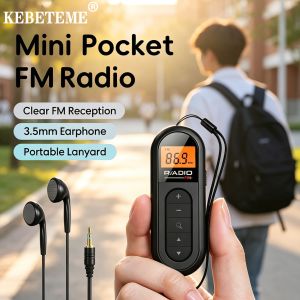 KEBETEME Mini Pocket FM Radio Portable Digital Tuning Radio with LCD Display Auto Scan Frequency Mini Receiver with 3.5mm Wired Earphones for Walking Jogging Gym Travel