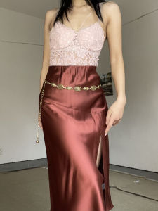 Elegant High Waist Satin Half Skirt Womens Smooth Pure Color Long A-Line Skirt Polyester Fabric Spring Season Long Skirt