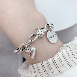 925 Sterling Silver Smiley Face round Tag Love Heart Bracelet Simple Fashion Thick Chain Hand Ring Jewelry Creative Gift