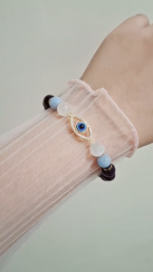 BSLS Buenasuerte Bangkok Gold Evil Eye with Natural Stone Amethyst Aquamarine Selenite Bracelet