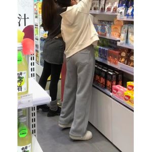 กางเกงกีฬาผ้าฝ้ายแท้สีเทา ทรงหลวม สำหรับผู้หญิง ฤดูใบไม้ผลิและฤดูใบไม้ร่วง กางเกงขายาวทรงหลวม ผ้าขนแกะหนา อบอุ่น สำหรับผู้หญิงตัวเล็ก