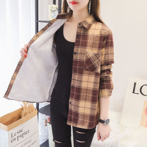 เสื้อเชิ้ตผู้หญิงแขนยาวบุขนแกะปักลายสไตล์เกาหลีฤดูใบไม้ร่วง/ฤดูหนาว เสื้อเชิ้ตคอกลมทรงหลวมสบายๆ คุณภาพดี