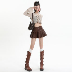 Váy Da PU Cạp Cao Màu Nâu Váy Ngắn Xếp Ly Cho Nữ Mùa Thu Váy Ngắn Bằng Da PU Ngọt Ngào Mát Mẻ Gợi Cảm Cho Nữ