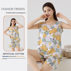 Ladies Cotton Silk Sleepwear Summer Loose Home Clothes Set Vest And Shorts plus Size Comfortable Breathable Cartoon Print