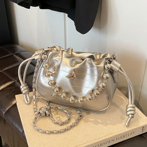 Silver Folded Chain Crossbody Bag Womens Autumn Winter New Small Design High-End Sensation Work Satchel Handbag