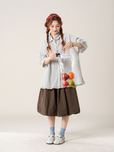 SHANGWEILUO | Light Blue Eared Plaid Short Sleeve Shirt