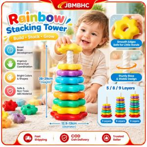 JBMBHC Safe BPA Free ABS Baby Stacking Rings Toy Rotating Rainbow Tower Gear Shape Discs Early Learning Gift For 0 2 Years Old Kids 29cm Height Durable Plastic