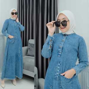 Gamis Jeans Gween Maxy - Dress Jeans Size M L XL XXL Gamis Denim Panjang Saku Pakaian Muslim Wanita Dewasa Kekinian