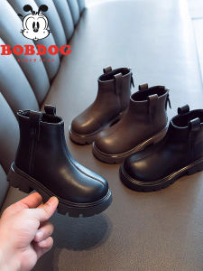 Genuine Leather Martin Boots for Girls Baby Versatile Autumn Winter Short Boots Fleece Lined round Toe Flat Heel Rubber Sole