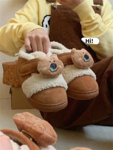 Creative Bear Print Anti-Slip Cotton Slippers Korean Style Womens Leisure Shoes Comfortable Soft Velvet Flat Heel TPR Outsole