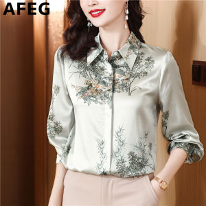 AFEG New Korean Shirt Collar Fashion Loose Versatile Temperament Silk Satin Print Long Sleeve Ladies for Women