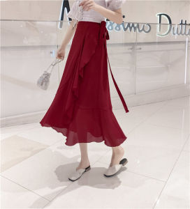 สูง เอว ลายสก็อต กระโปรง ผู้หญิง ไม่สมมาตร ทรงเอ ชุดเดรส Midi เหมาะสําหรับสะโพกใหญ่และต้นขาหนา ฤดูร้อน ผ้าชีฟอง Ruffles