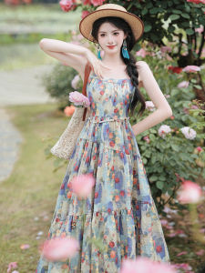 Travel Vacation Style Oil Painting Halter Dress Set Fairy Tale Floral Print Skirt And Top Ensemble Spring Summer Autumn Wear