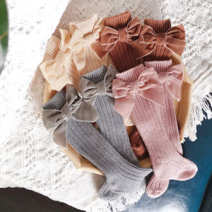 Tất Giữ Ấm Chân Mùa Đông Cho Bé Gái Chất Liệu Cotton Len Kiểu Dáng Nơ To Màu Trơn Chất Liệu Dệt Kim Dành Cho Bé Từ 0-5 Tuổi