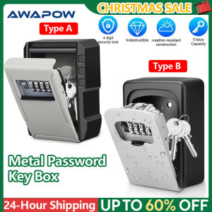 Awapow Metal Password Key Box Wall Mounted 4 Digits Password Key Storage Lock Box Durable Waterproof Anti Theft Safe Lock Keybox