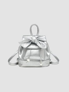 กระเป๋าเป้สะพายหลังผู้หญิงขนาดเล็กแบบลำลองสำหรับเดินทางพร้อมโบว์ผีเสื้อ กระเป๋าใส่หนังสือสำหรับนักเรียน กระเป๋าเป้สะพายหลัง PU ลายสีพื้น