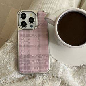Stylish Simple Electroplate Pink Plaid Pattern Solid Color Phone for iPhone 13 14 15 16 Pro Max Glossy Shockproof Phone Case