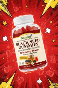 Baraka Black Seed Oil Gummies – Halal 3 Fruit Flavours Sweetened with Natural Honey / Gula Getah Habbatus Sauda Halal 3 Perisa Buah Dipermanis dengan Madu Asli”