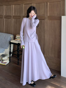 Pink Purple Korean Style Simple High-End Feeling Set Womens 2025 Autumn New Top Half Skirt Two-Piece Set Elegant Atmosphere