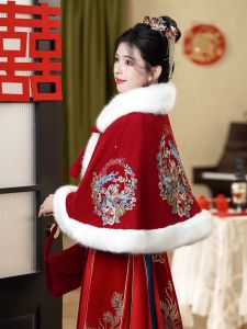 Wedding Dress Chinese Style New Bride Show He Fei Suit Coat Thick Winter Warm Woolen Shawl for Marriage Celebration